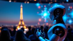 AI robot na tle w Paryżu