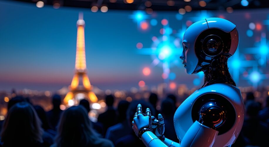 AI robot na tle w Paryżu