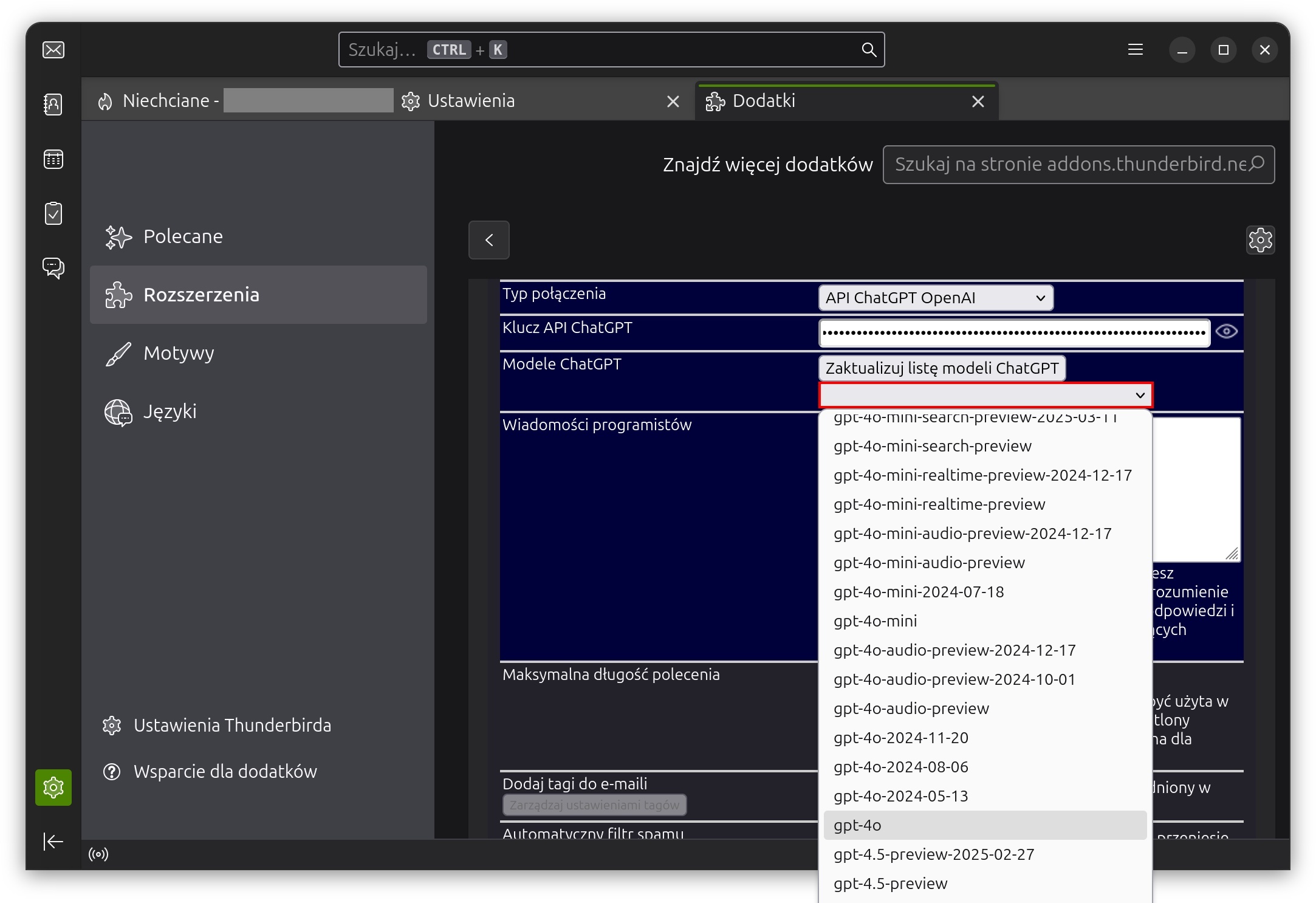 ThunderAI - wybieramy model GPT