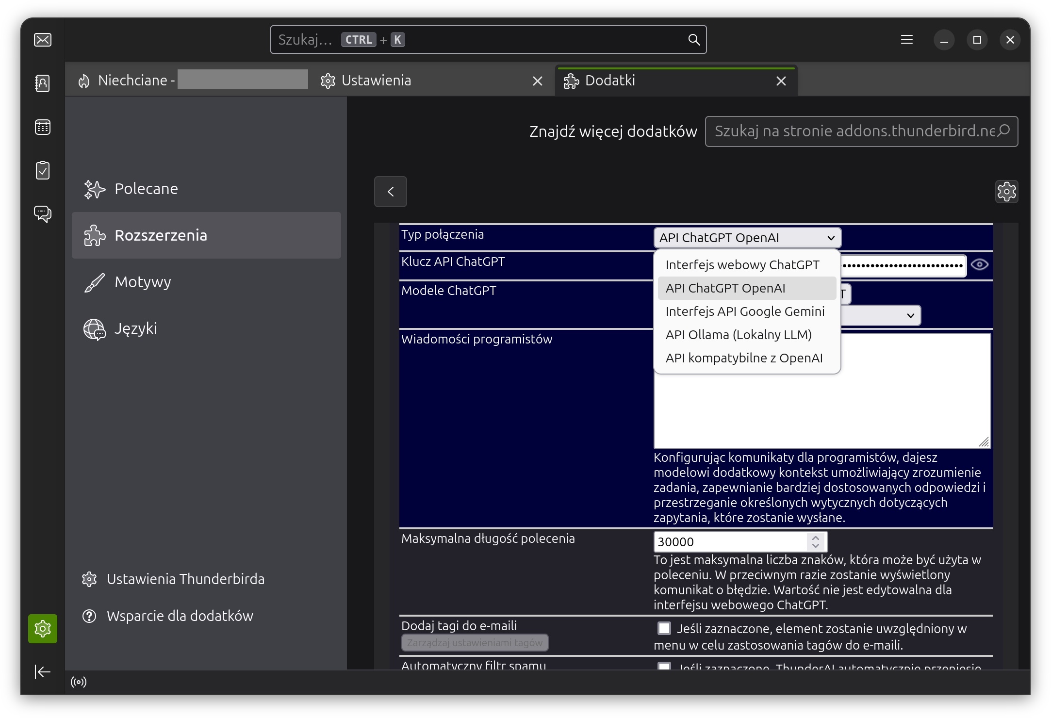 ThunderAI - konfiguracja połączenia AI