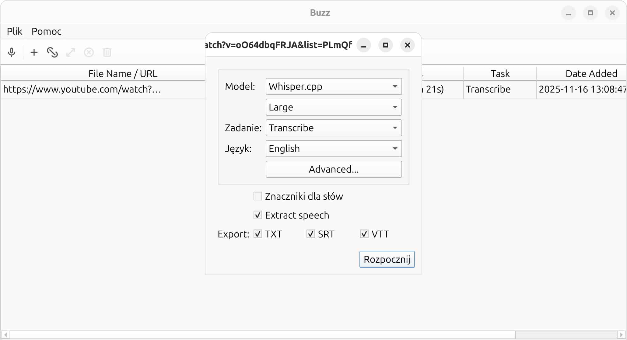 Transkrypcja bezpośrednio z adresu URL