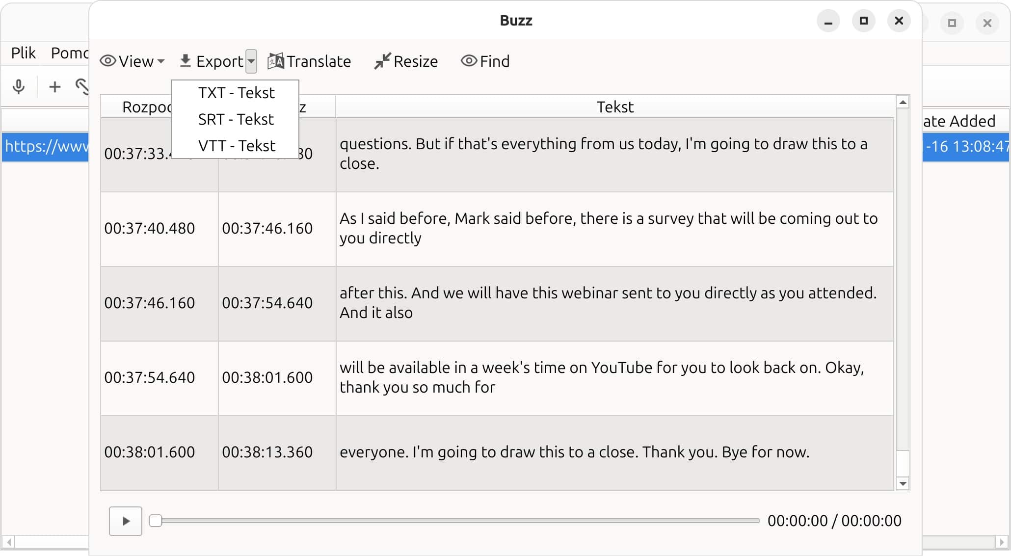Eksport transkrypcji do pliku