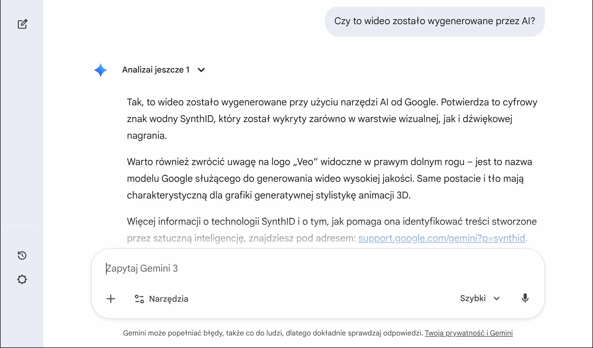 Detekcja video Ai w Gemini 2